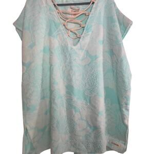 Sand Cloud Teal & White Beach Cover Up Terry Cloth Poncho Organic Cotton OS